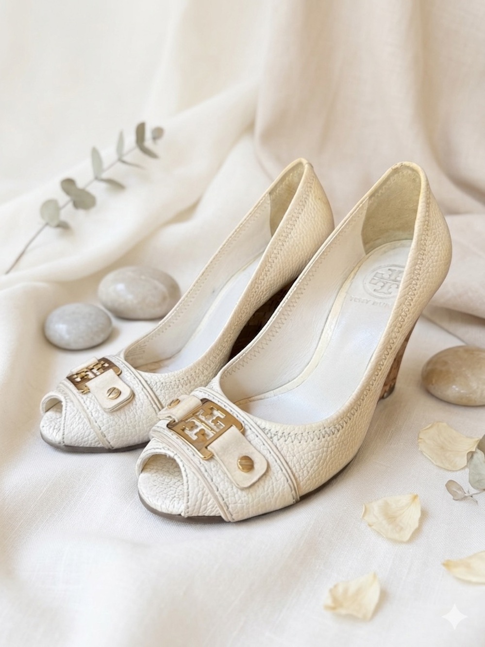 Tory Burch Cream Peep-Toe Wedge Heels with Gold Logo